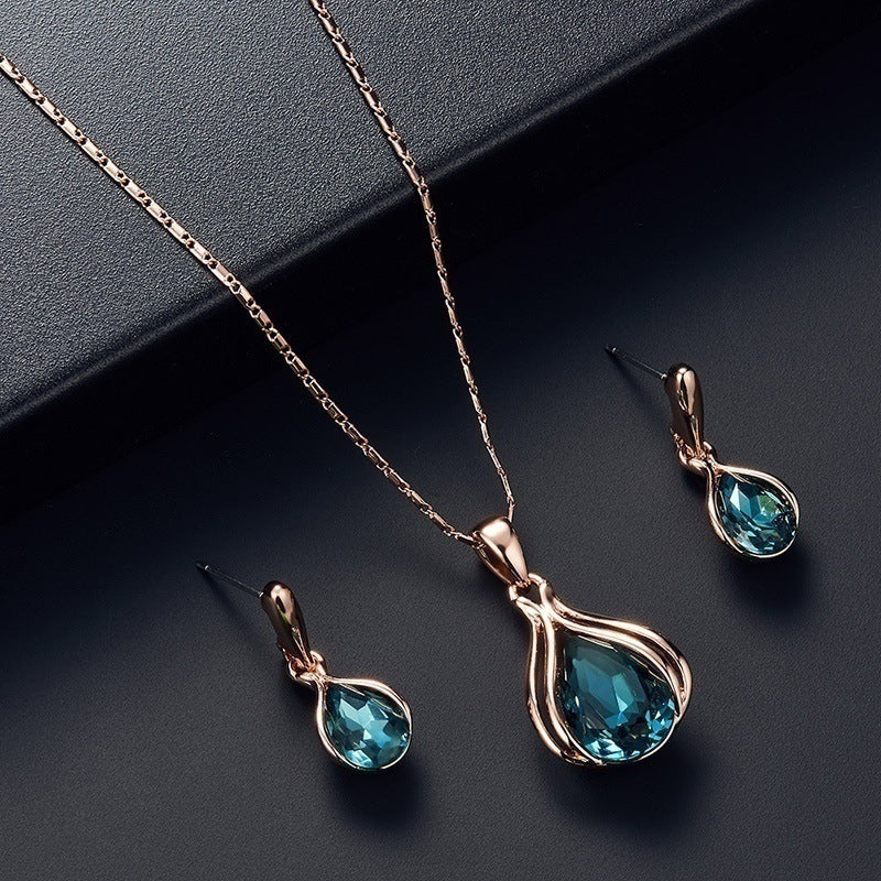 Retro water droplets artificial crystal alloy women's earrings necklace set