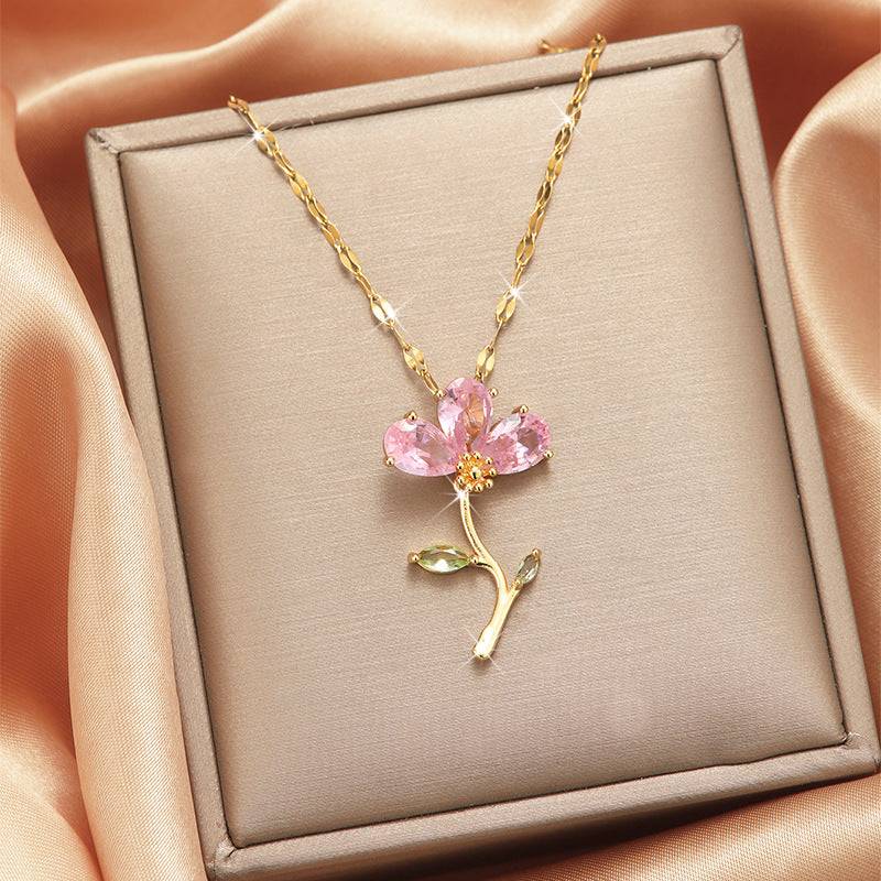 lady heart shape flower titanium steel plating inlay zircon gold plated pendant necklace